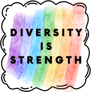 rainbow icon that says "diversity is strength"