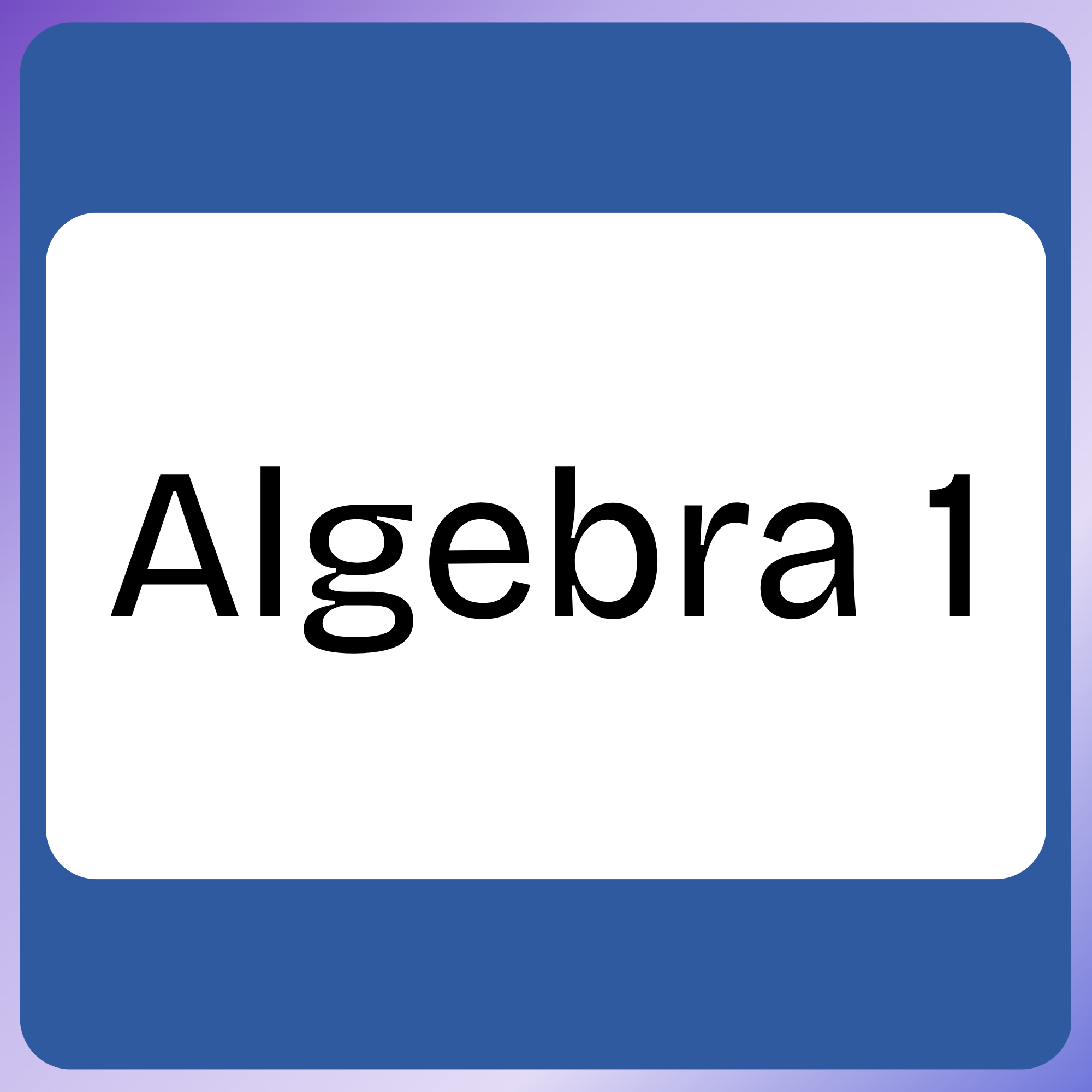 Algebra 1 | Empowered Scholars Course cover: bold black text 'Algebra I' on a white rounded card with a blue border against a purple gradient background, indicating a math course title.